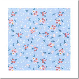 Cute Blue Spring Flowers Pattern Posters and Art